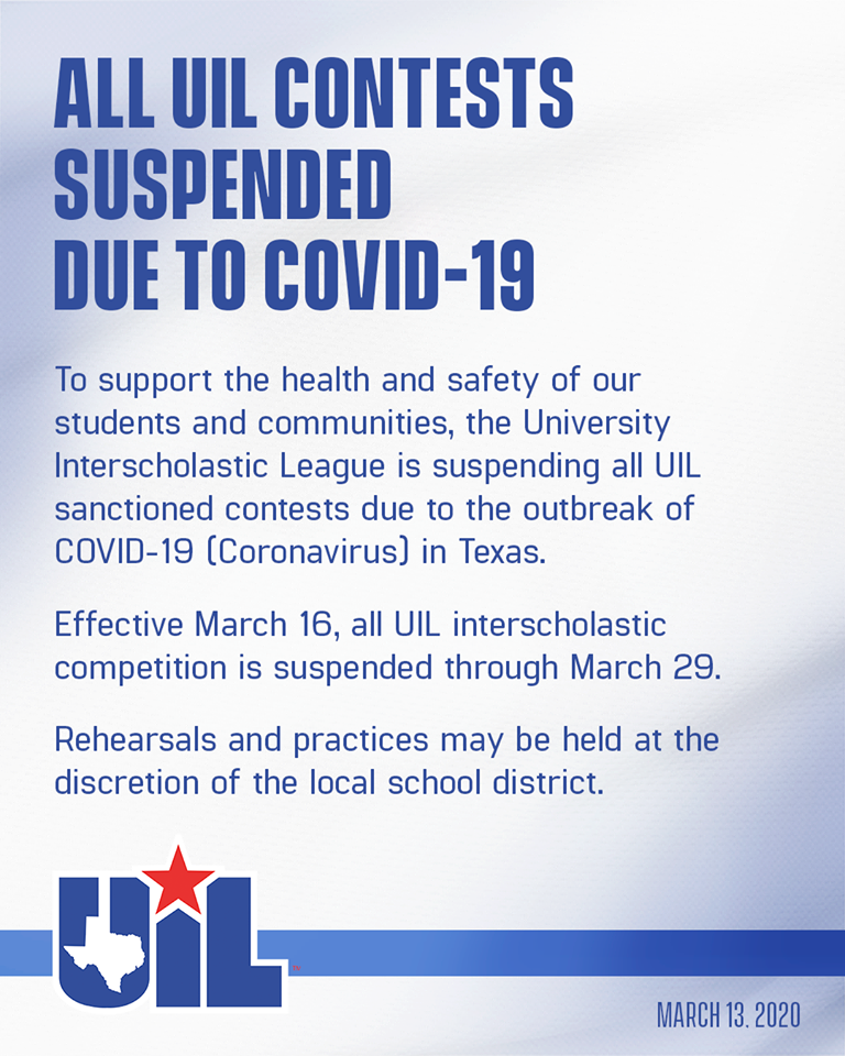 ALL UIL CONTESTS SUSPENDED DUE TO COVID-19