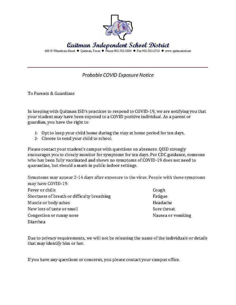 Probable Exposure Letter