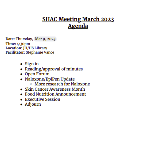 shac meeting agenda for march