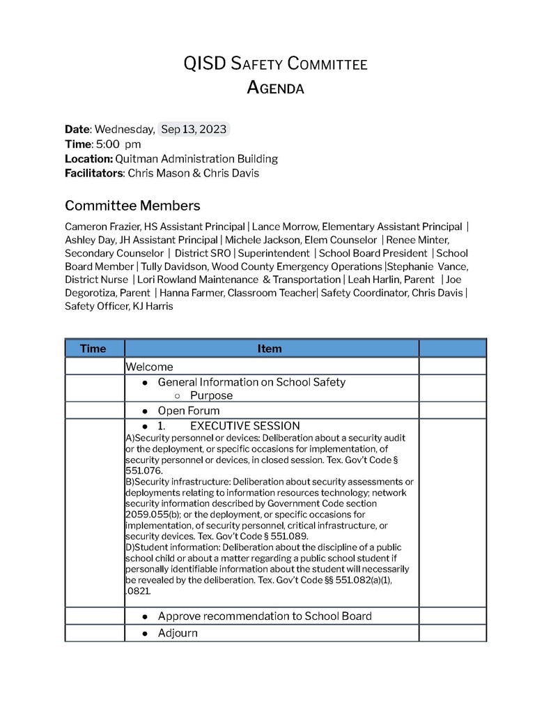 Safety Committee Agenda